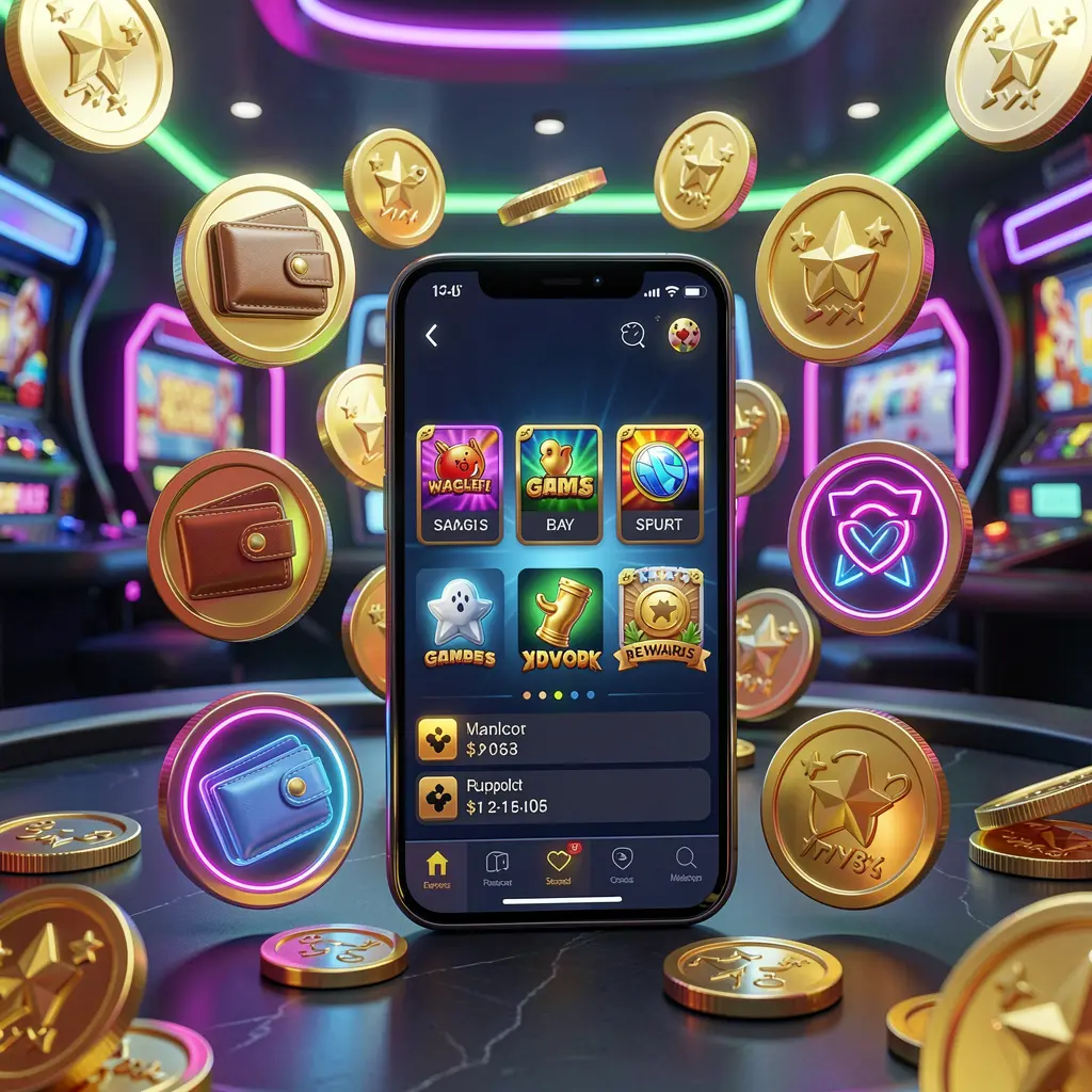 KISMAT33 online casino app interface on a smartphone surrounded by icons for wallet, games, support, and rewards with golden coins and neon lights in a luxury 3D render