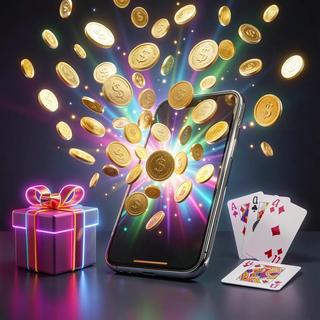 KISMAT33 mobile casino bonus banner featuring a smartphone with coins bursting from the screen, a gift box, and playing cards nearby, all illuminated by a bright neon glow in a premium realistic 3D render