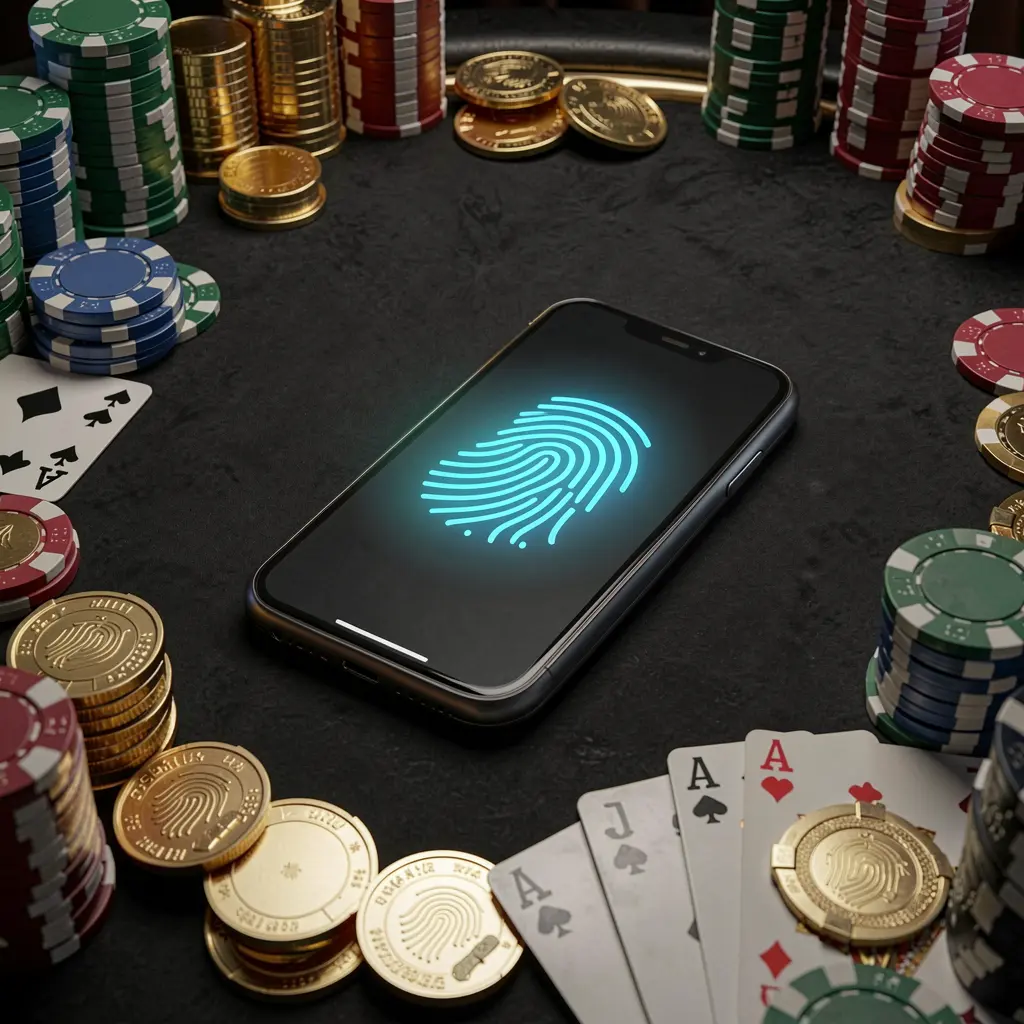 KISMAT33 online casino authentication concept showing a phone with fingerprint scan glow on a premium black table surrounded by poker chips, golden coins, and playing cards in a cinematic 3D render