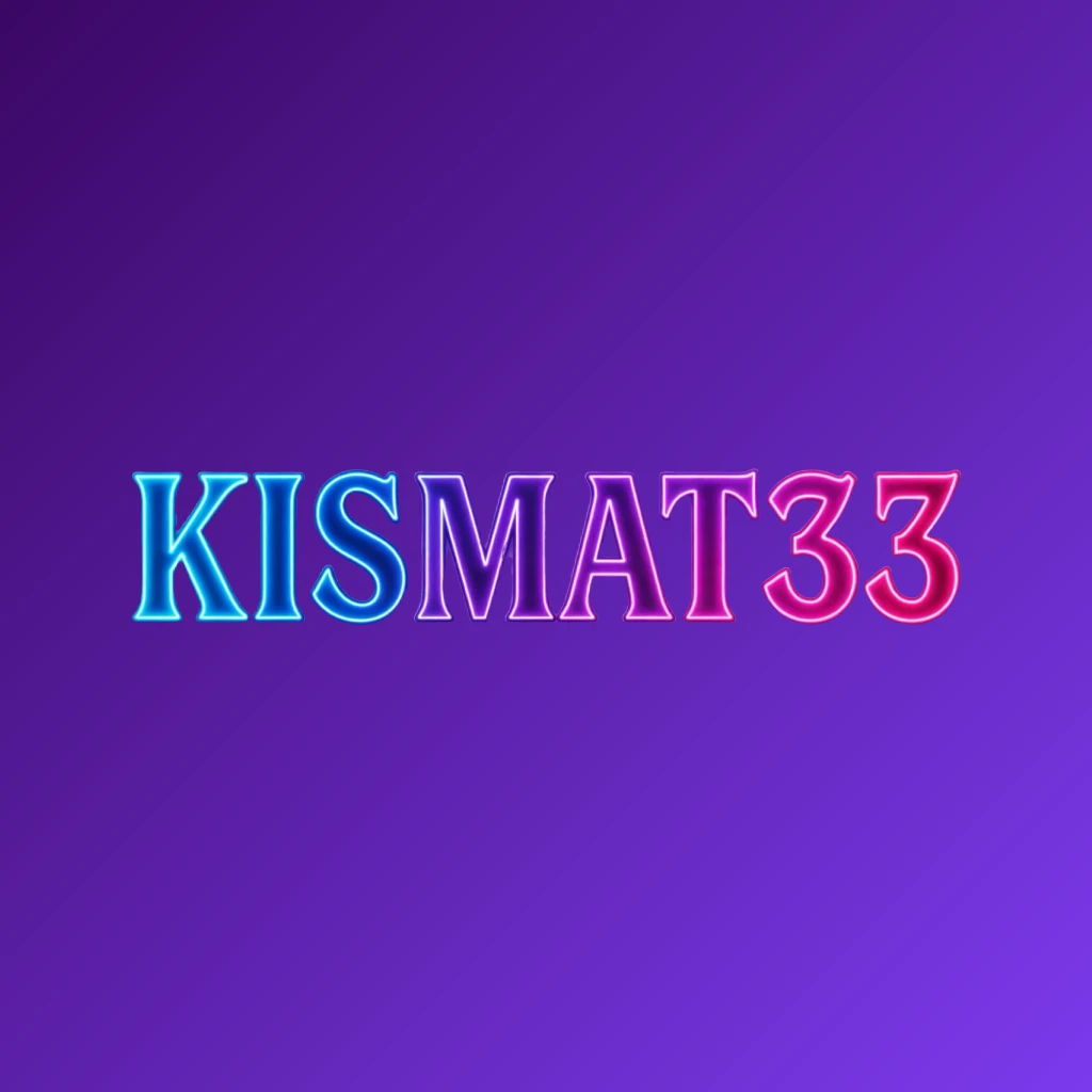 KISMAT33 colorful gaming logo with extra bold block letters in electric blue, purple, and pink neon gradients featuring dynamic glowing effects on a transparent background, designed as a wide horizontal rectangular wordmark for a website header