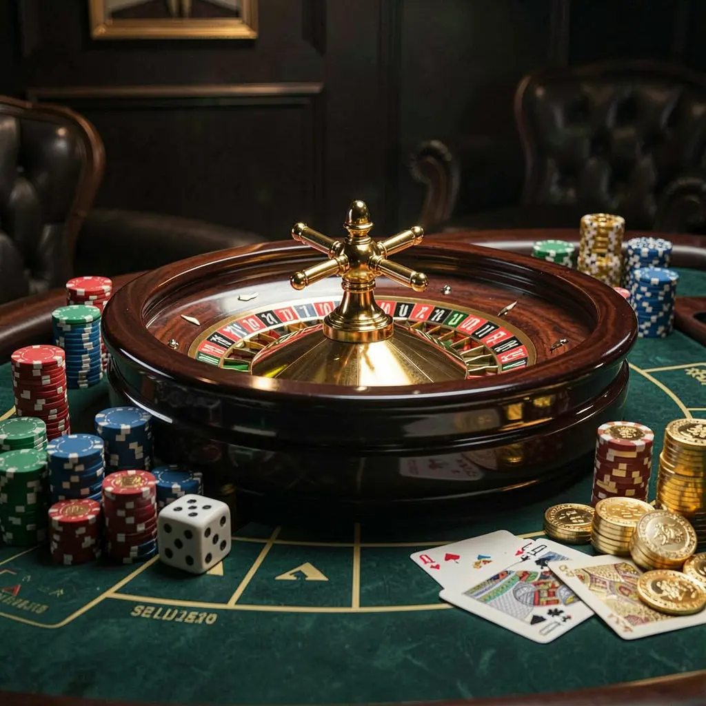 KISMAT33 premium casino homepage scene featuring a roulette wheel spinning on a glossy table surrounded by poker chips, dice, cards, and golden coins with an elegant dark background and cinematic lighting